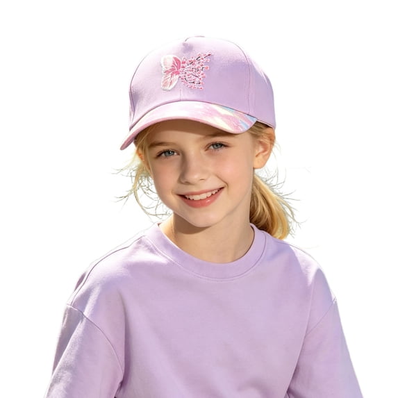 SRZYMJ Girls Butterfly Embroidery Baseball Cap, Sparkle Sequin Sun Hat, Adjustable Fashion Kids Shade Cap for Outdoor Daily Wear