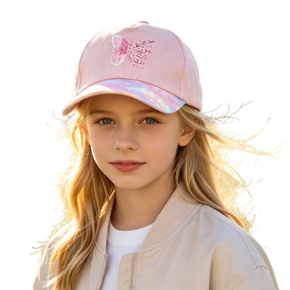 SRZYMJ Girls Butterfly Embroidery Baseball Cap, Sparkle Sequin Sun Hat, Adjustable Fashion Kids Shade Cap for Outdoor Daily Wear