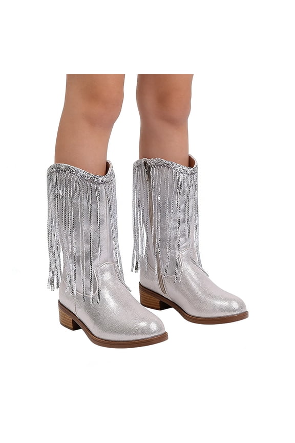 Girls Cowgirl Boots Pointed Toe Stars Tassel Western Cowboy Boots for Riding Vintage Fringe Platform Shoes Silver 4.5-5 Years