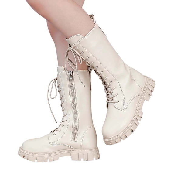 SRZYMJ Girls Lace Up Mid Calf Combat Boots Fashion Round Toe Side Zipper Lug Sole Punk Goth Boot For Toddler Little Kid Big Kid White 6-7 Years
