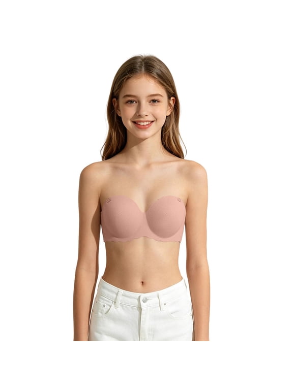 Girls Strapless Push Up Bandeau Bra, No Underwire Thin Padding Tube Top, Invisible Anti- Bustier for Daily & Dress Wear