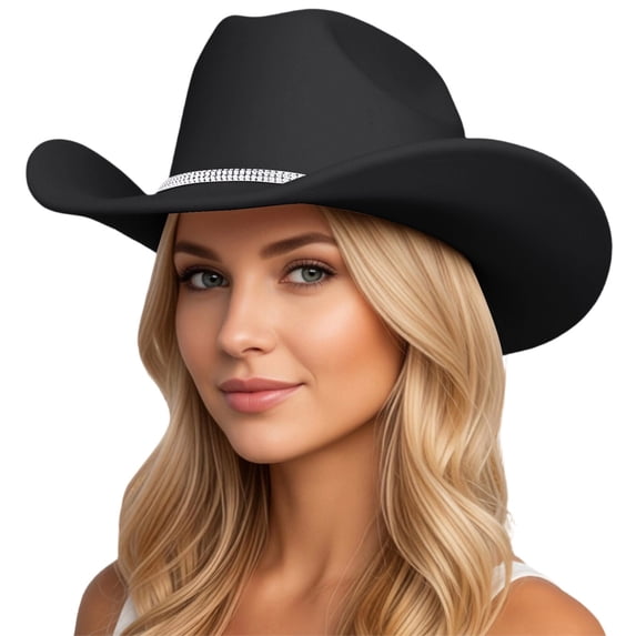 SRZYMJ Glitter Cowboy Hat Classic Western Rhinestone Cowgirl Hat Outdoor Wide Brim Retro Felt Fedora Hats Rolled up Caps