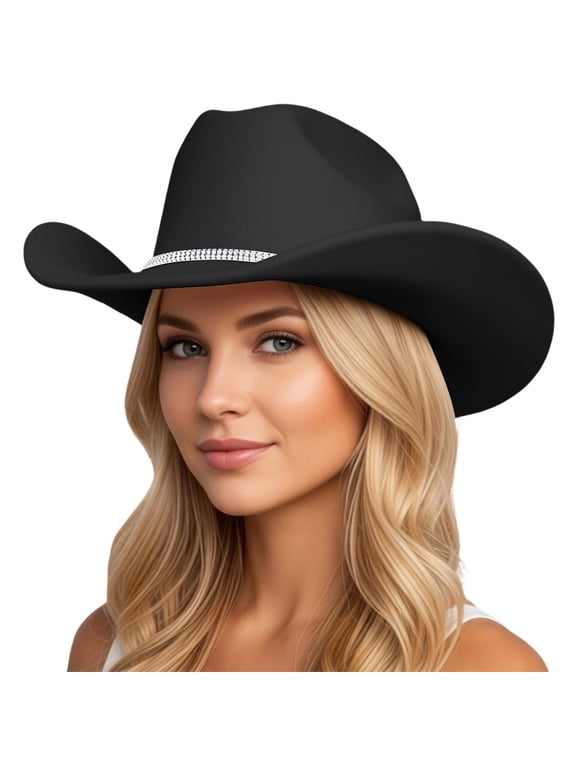Glitter Cowboy Hat Classic Western Rhinestone Cowgirl Hat Outdoor Wide Brim Retro Felt Fedora Hats Rolled up Caps