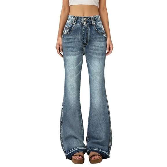 SRZYMJ High-Rise Slim Fit Jeans Distressed Flared Denim Jeans For Women Retro Washed Streetwear Fashion With Ripped Knee Details And Flared Leg Design For