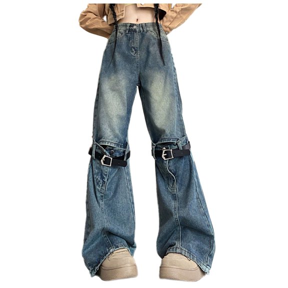SRZYMJ High-Rise Slim Fit Jeans Women Patchwork Distressed Denim Pants Loose Fit Straight Wide Leg Bohemian Design Comfortable Trousers Casual