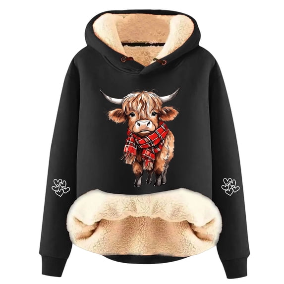 SRZYMJ Highland Cow Women's Casual Winter Warm Sherpa Lined Hooded Sweatshirt Funny Graphic Heavyweight Pullover