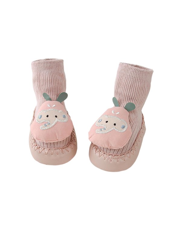 Infant Cartoon Elephant Sock Shoes, Pink Mid-Calf Knit Floor Socks Shoes, Soft Sole Baby Indoor First Walking Shoes