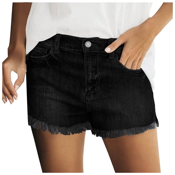 SRZYMJ Jean Shorts for Women Trendy Mid Rise Stretchy Cut Off Denim Shorts Distressed Frayed Summer Casual Non Ripped
