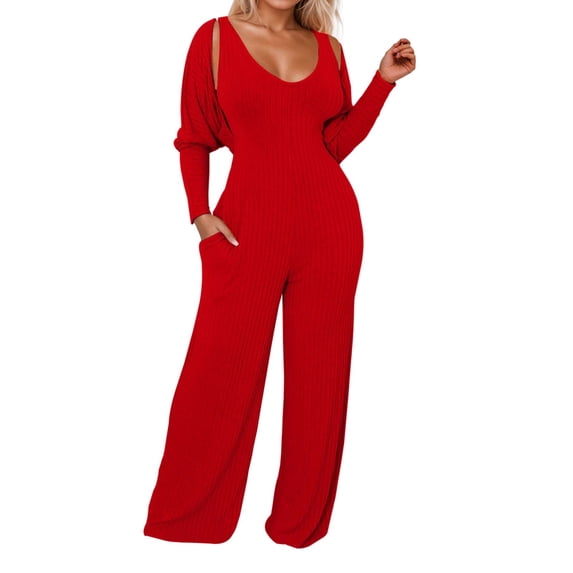 SRZYMJ Jumpsuit for Women Stylish Women's Long Sleeve Deep V Neck Ribbed Stretch Jumpsuit for Everyday Casual Outdoor Wear Comfortable and