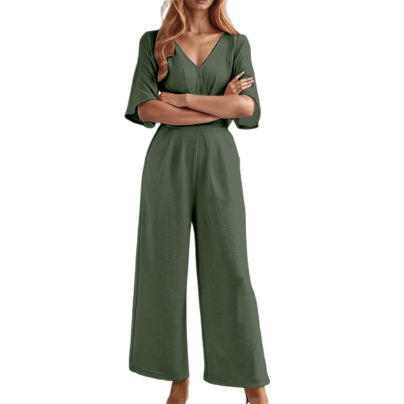 SRZYMJ Jumpsuit for Women Women's V Neck Short Sleeve Wide Leg Jumpsuit Elegant Casual Romper with Pockets for Spring