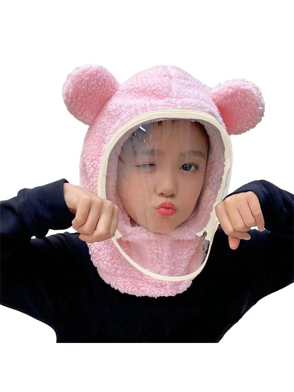 Kids Bear Ear Winter Hat with Detachable Face Shield, Windproof Full Face Protective Hood, Warm Toddler Liner Hat for Cycling