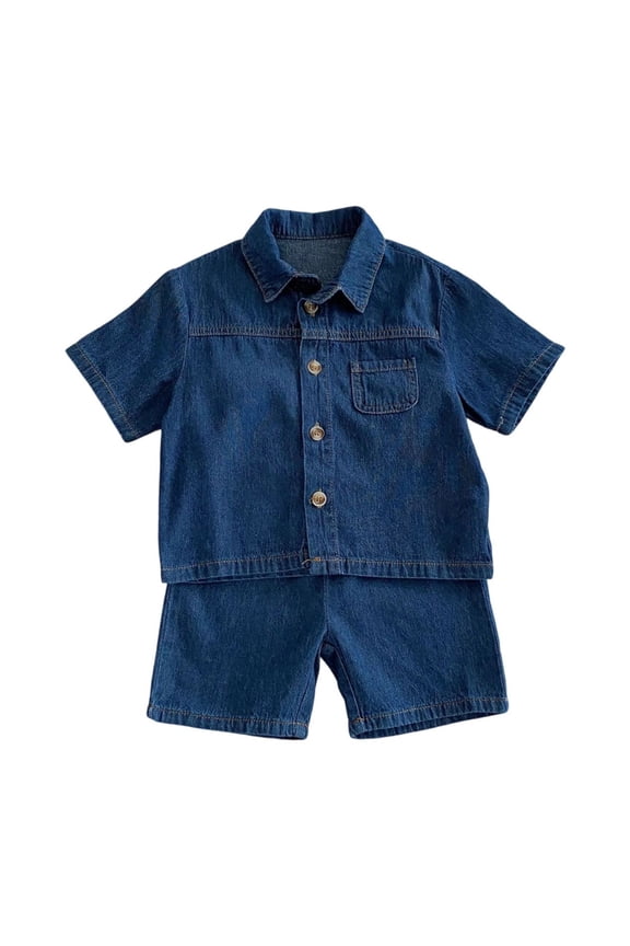 Kids Boys Denim Outfit Short Sleeve Shirt Pants Two Piece Set Casual Stylish Wear for Boy Play Clothes Comfortable Dark Blue 2-3Years
