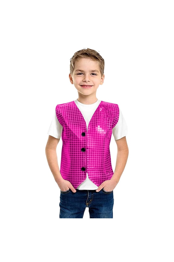 Kids Boys Sequin Vest Shiny formal Dress Suit Vests Sparkly Featuring Square Patchwork Sequin Applique for Stage Shows and Party Celebration Wear Hot Pink 7-8 Years