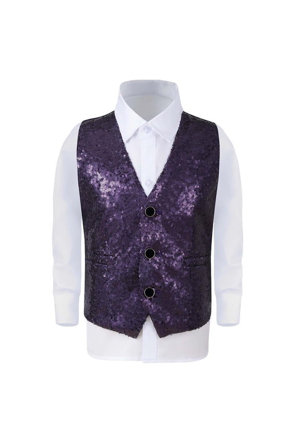 Kids Boys Sequin Vest Shiny formal Dress Suit Vests Sparkly Sleeveless Tuxedo Waistcoat Prom Party Costume Purple 13-14 Years