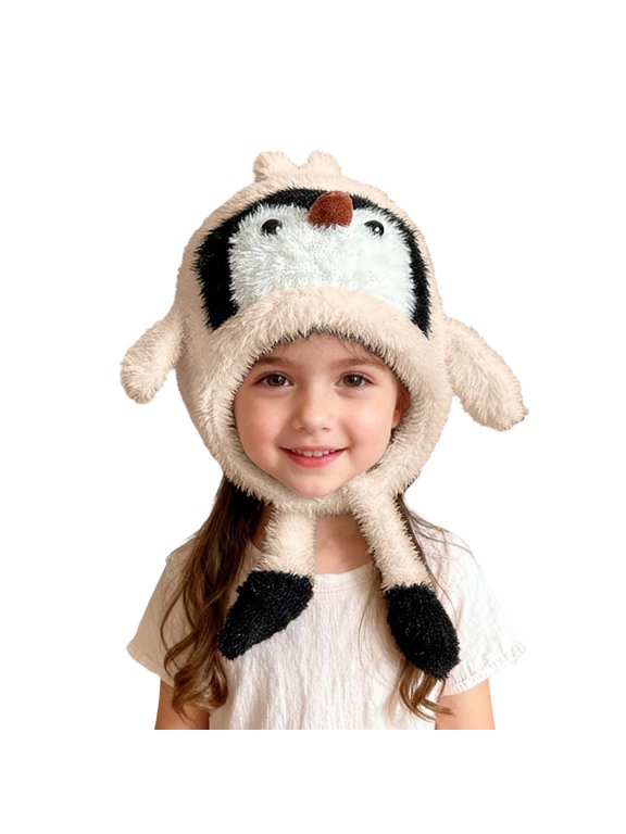 Kids Cute Penguin Plush Winter Hat, Thick Fuzzy Warm Earflap Hat, Windproof Toddler Trapper Hat for Boys Girls
