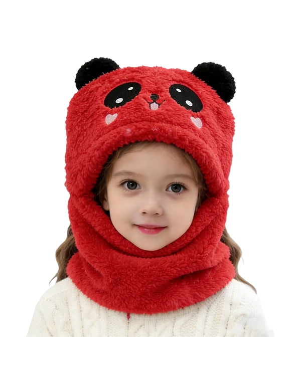 Kids Winter One Piece Hat and Scarf, Unisex Warm Hat Neck Warmer Hood Cap with Bear Ears for 5-8 Years Girls Boys