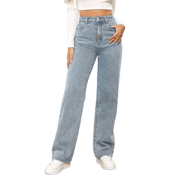 SRZYMJ Ladies' Denim Pants Jeans for Womens Women Fashion Solid Loose Fit Button Fly Pant Pocket Washed Polished High Waist Ripped