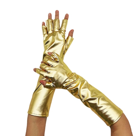 SRZYMJ Long Shiny Metallic Fingerless Gloves Halloween Party Gloves for Women and Girls