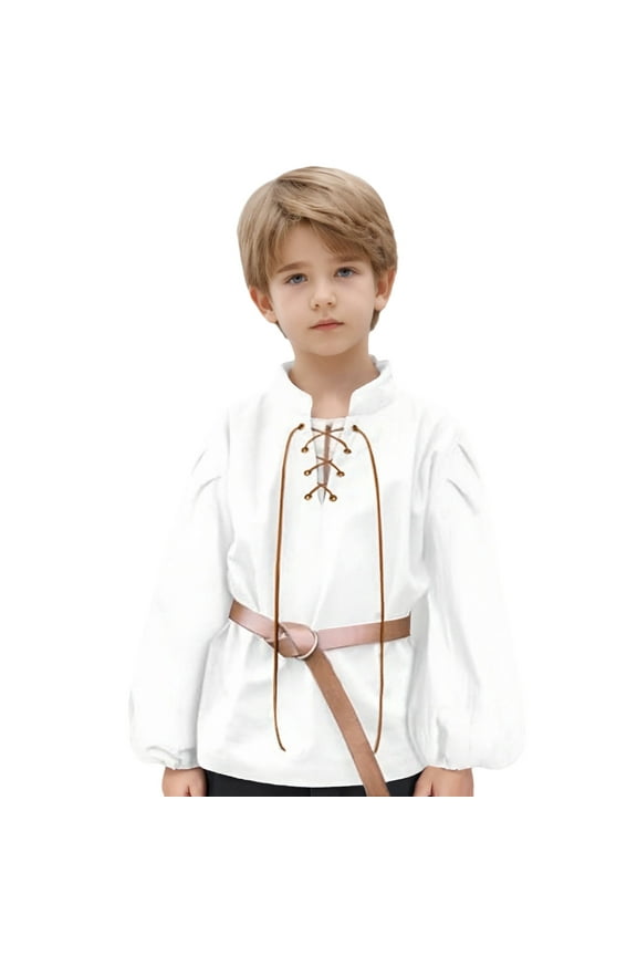 Medieval Boys Shirts Renaissance Kids Lace Up Pirate Tshirt Youth Boy Vintage Long Sleeve V-Neck Tops Halloween Party Clothes White 5-6 Years