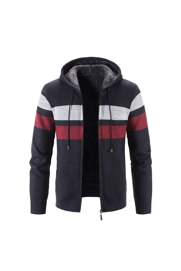 Men's Fashion Hooded Knit Cardigan Patchwork Sweater Coat Warm Outerwear Jacket for Winter Casual Style Comfort