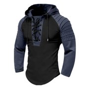 SRZYMJ Mens Henley Shirt Hooded Long Sleeve Lace Up Vintage Solid Casual T-Shirt Tactical Patchwork Western Tee Sports