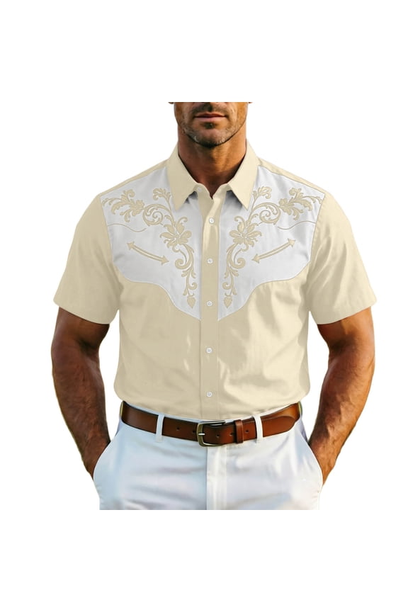 Men's Western Shirt Short Sleeve Embroidered Cowboy Casual Snap Button Shirt
