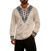 SRZYMJ Mens Medieval Pirate Shirt Cotton Lace Up Renaissance Shirts Viking Retro Scottish Halloween Costume Tops L