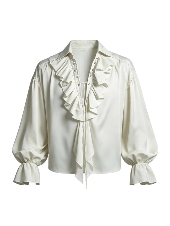 Mens Pirate Shirt Renaissance Victorian Blouse Vampire Top with Ruffled Collar L