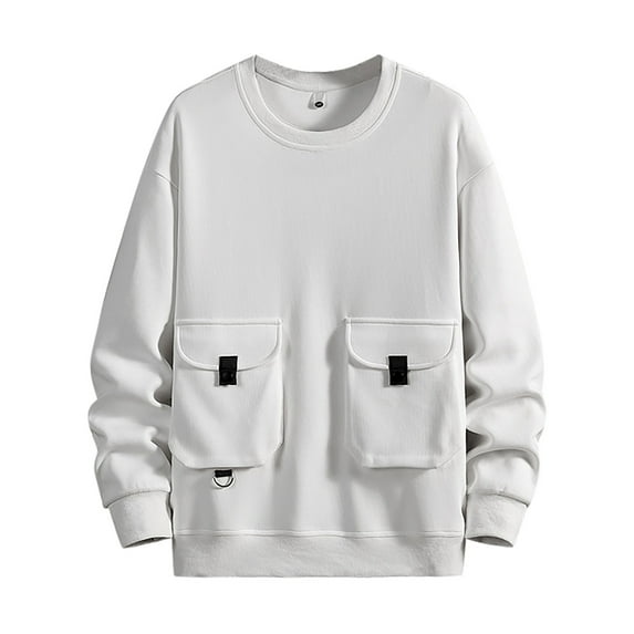 SRZYMJ Mens Pullover Sweatshirt Men Solid Round Neck Double Pocket Hoodless Sweatshirt Casual Loose Fit Comfortable Long Sleeve