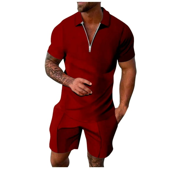 SRZYMJ Mens Short Sleeve Polo Shirt & Shorts set Summer Two Piece Outfits 3 Pockets zip Tracksuits Casual Daily Sport