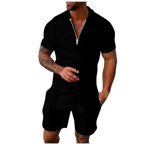 SRZYMJ Mens Short Sleeve Polo Shirt & Shorts set Summer Two Piece Outfits 3 Pockets zip Tracksuits Casual Daily Sport