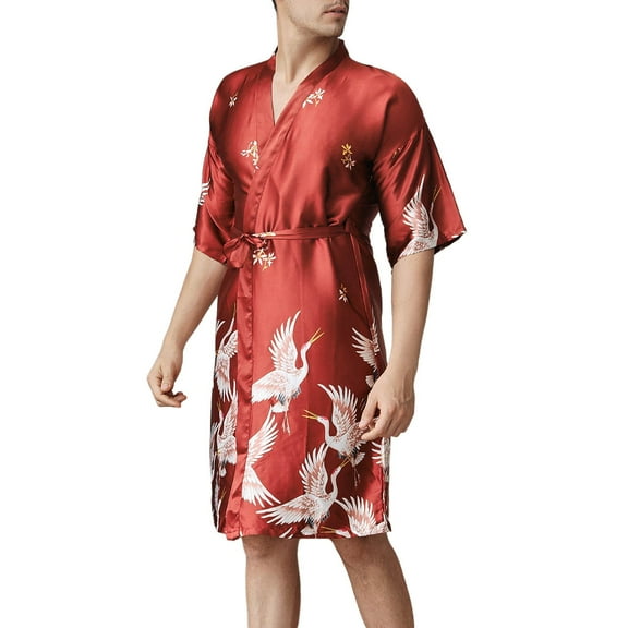 SRZYMJ Mens Silk Robe Satin 2 Piece Suit Crane Printed Sleepwear Chemise Nightgown & Robe