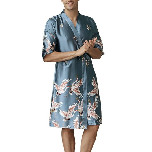 SRZYMJ Mens Silk Robe Satin 2 Piece Suit Crane Printed Sleepwear Chemise Nightgown & Robe