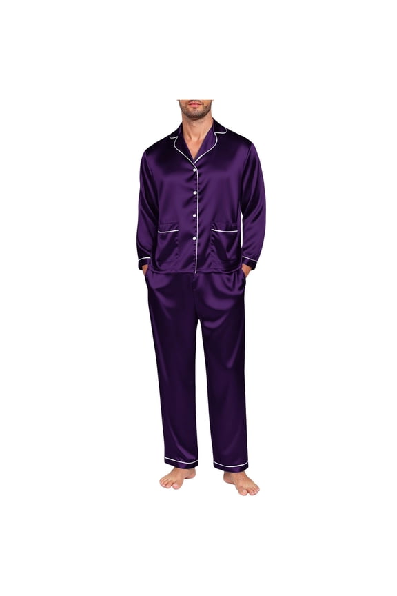 Mens Silk Satin Pajamas Set Long Sleeve Sleepwear Button-Down Pj Two-piece Loungewear with Long Pants