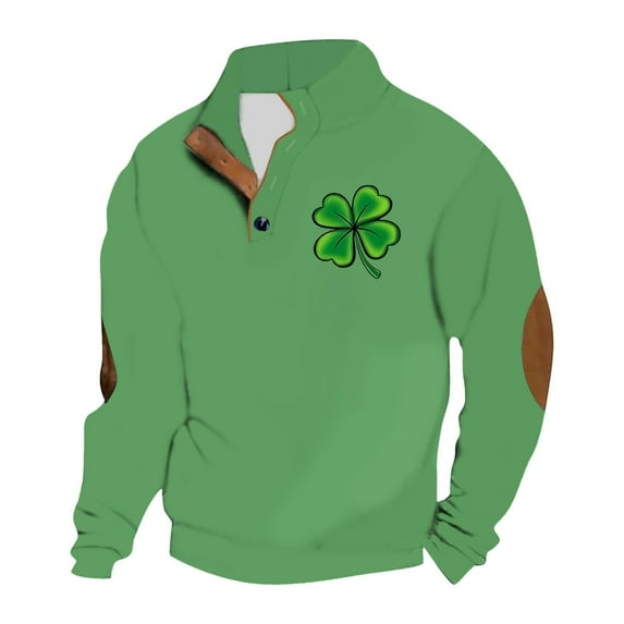 SRZYMJ Mens St Patricks Day Sweatshirt Irish Three Leaf Clover Printed Stand Collar Long Sleeve Pullover Clothes