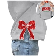 SRZYMJ Merry Christmas Sweatshirt Women Side Bow Appliqu  Crewneck Pullover Top Hem Slit Funny Long Sleeve Xmas Shirts 2026