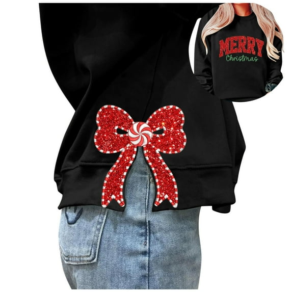 SRZYMJ Merry Christmas Sweatshirt Women Side Bow Appliqué Crewneck Pullover Top Hem Slit Funny Long Sleeve Xmas Shirts 2026