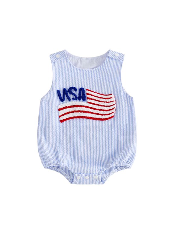Baby Boy Girl 4th of July Outfit USA Flag Bubble Romper Sleeveless Striped Bodysuit Patriotic Clothes