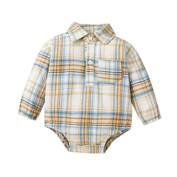 SRZYMJ Baby Boy Girls Plaid Outfit Flannel Romper Tops Long Sleeve Button Down Plaid Casual Bodysuit Clothes Brown 12-18 Months