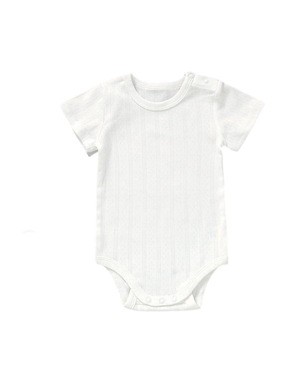 Newborn Jacquard Cotton Short Sleeve Bodysuit, Solid Neutral Tone Infant Shorty Romper, Snap Closure Baby Onesie