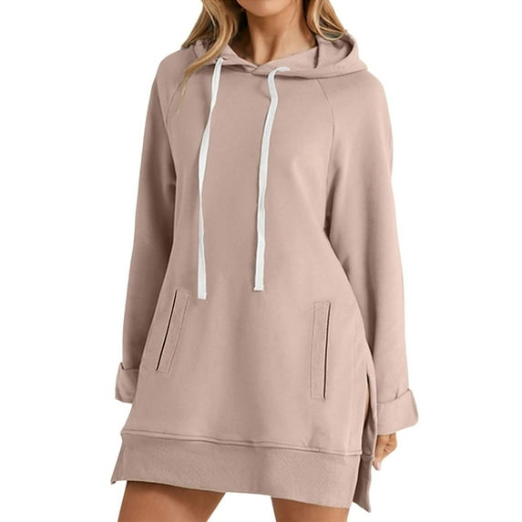 SRZYMJ Oversized Hoodie Dress Womens Casual Long Sleeve Split Hem Drawstring Sweatshirt Pullover with Pocket