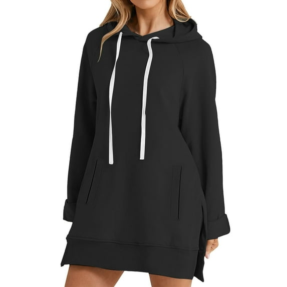 SRZYMJ Oversized Hoodie Dress Womens Casual Long Sleeve Split Hem Drawstring Sweatshirt Pullover with Pocket