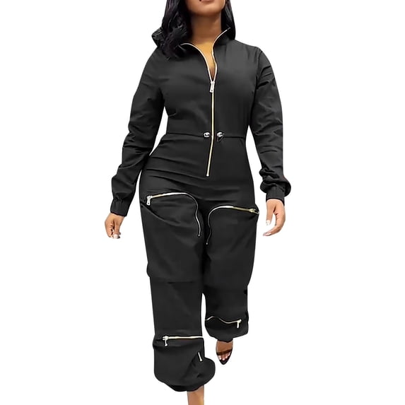 SRZYMJ Plus Size Cargo Jumpsuit with Deep V Neckline Long Sleeves and Functional Drawstring Pockets for Everyday Casual Wear