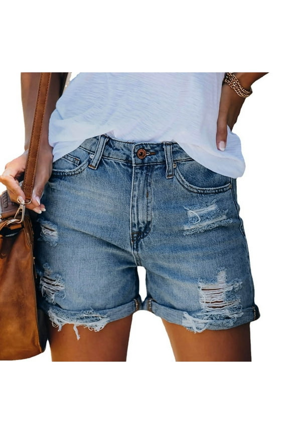 Pool Party Denim Shorts Ladies Women's Stretch Denim High Waist Ripped Jean Shorts with Pockets Distressed Cut Off Design for Comfortable Casual Wear