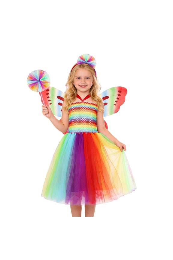 Rainbow Fairy Dress for Girls Tutu Party Gown Sparkling for Theme Celebration and Stage Performance c-Multicolour 6-7 Years