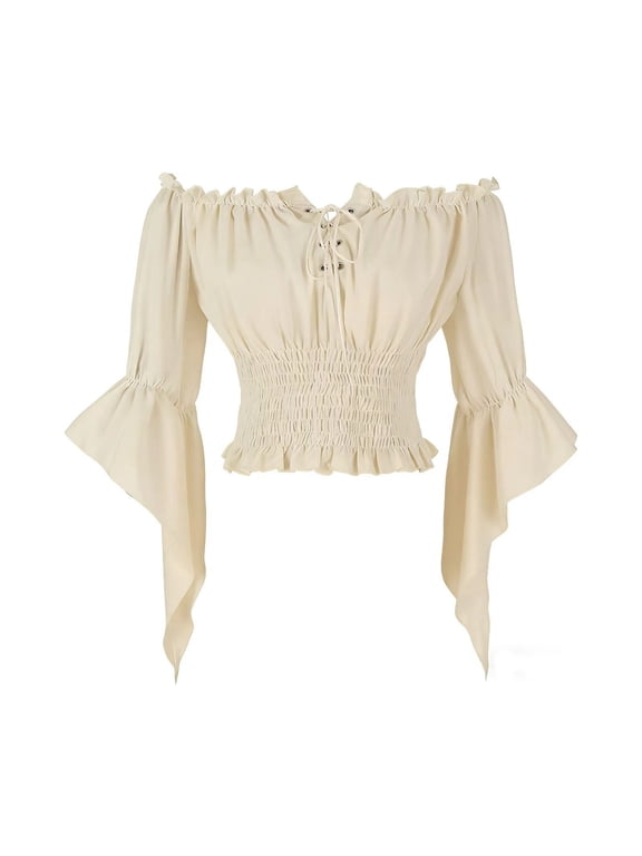 Renaissance Cottagecore Shirt Women Peasant Blouse - Tie Front Off Shoulder Trumpet Sleeve Top M