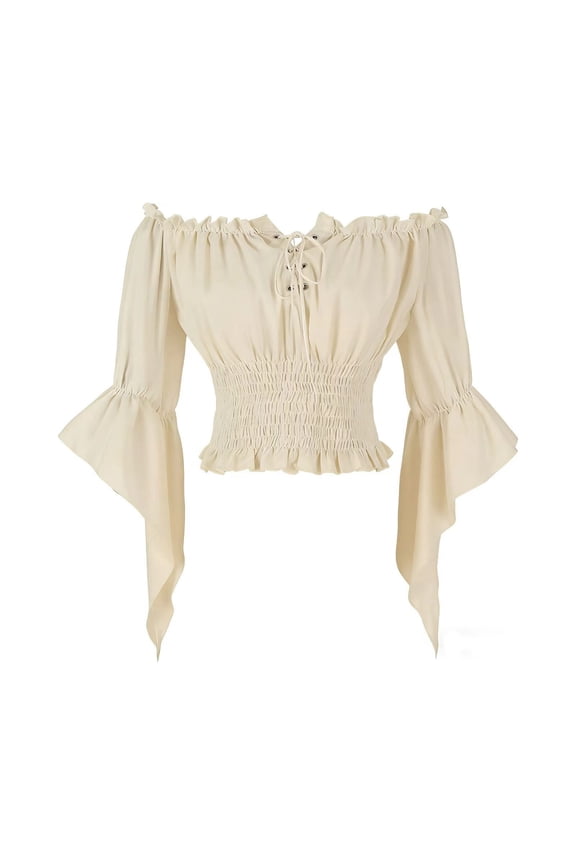 Renaissance Cottagecore Shirt Women Peasant Blouse - Tie Front Off Shoulder Trumpet Sleeve Top XXL