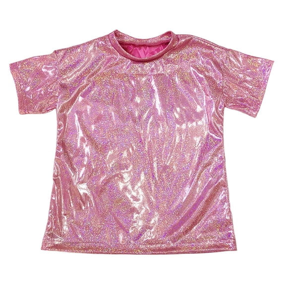 SRZYMJ Shiny Metallic Shirts for Boys and Girls Shimmer Crewneck T-Shirts Jazz Hop Dance Tops Hot Pink 3-4 Years