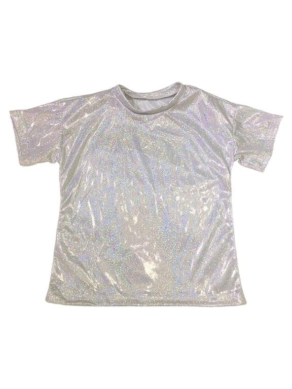 Shiny Metallic Shirts for Boys and Girls Shimmer Crewneck T-Shirts Jazz Hop Dance Tops Silver 9-10 Years