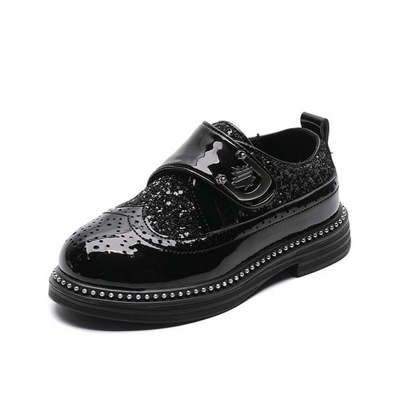 SRZYMJ Shiny Sequin Lace-up Oxfords for Boys & Girls Wingtip Brogue Dress Shoes for School Sneakers Wedding Birthday Party Black 10-10.5 Years
